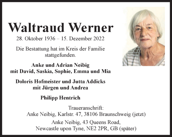 Traueranzeige von Waltraud Werner von Braunschweiger Zeitung