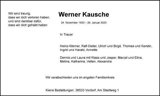 Traueranzeige von Werner Kausche von Braunschweiger Zeitung