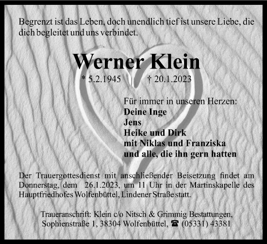 Traueranzeige von Werner Klei von Wolfenbütteler Zeitung