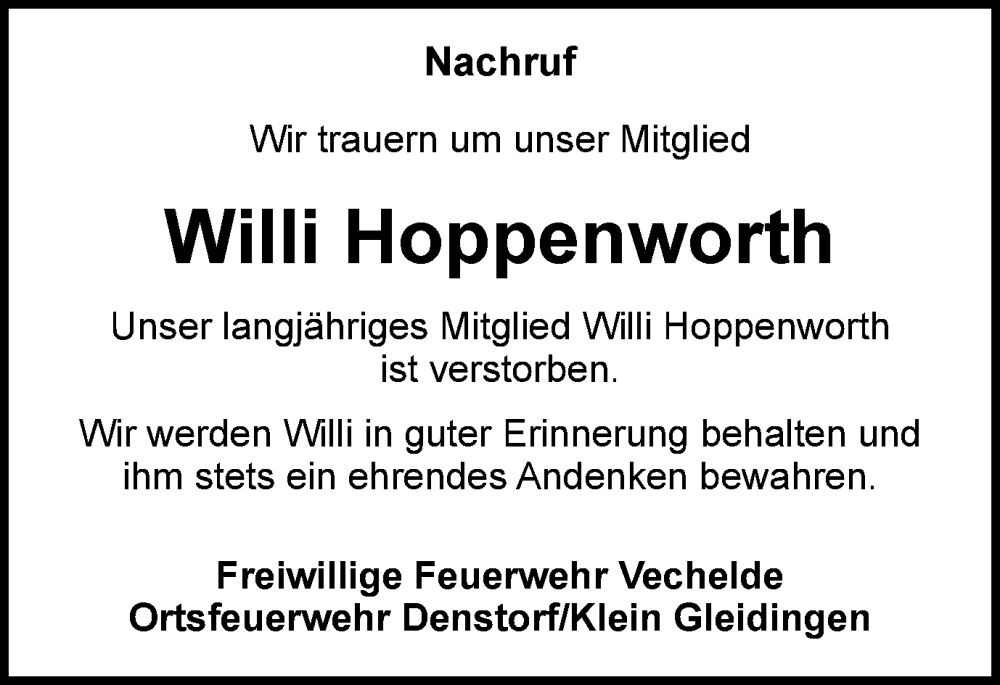  Traueranzeige für Willi Hoppenworth vom 07.01.2023 aus Peiner Nachrichten