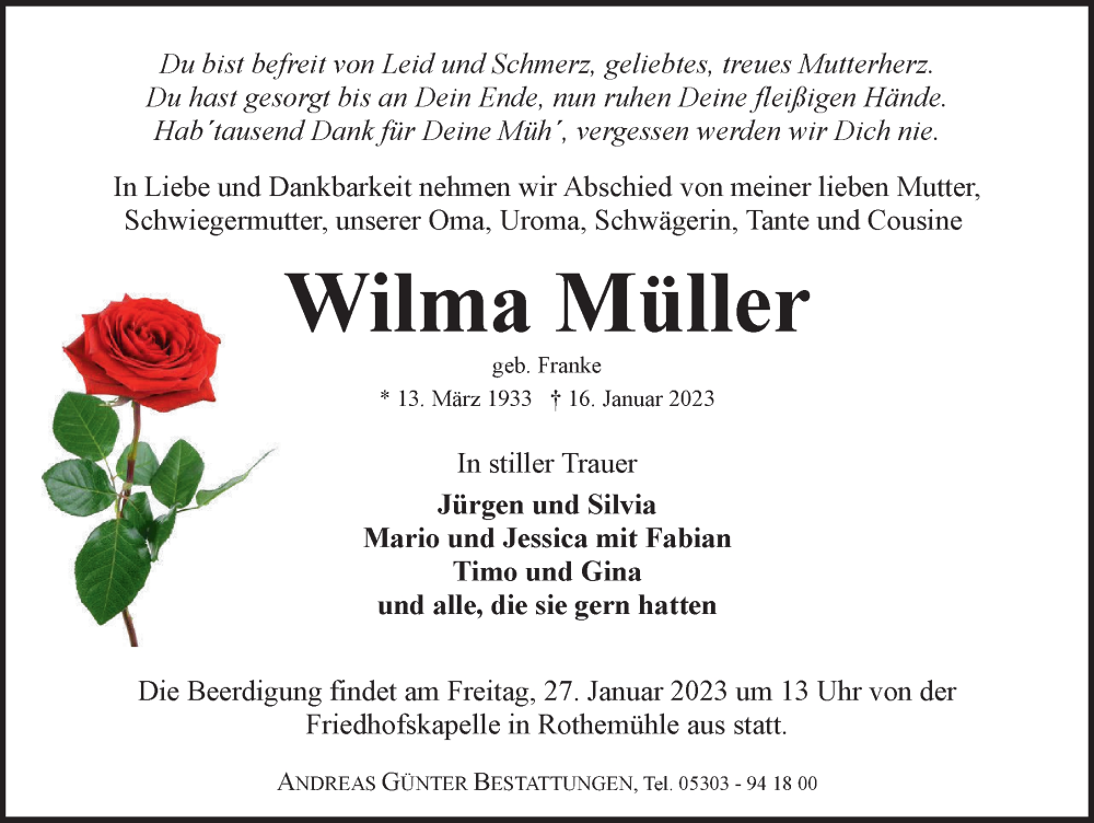  Traueranzeige für Wilma Müller vom 21.01.2023 aus Braunschweiger Zeitung