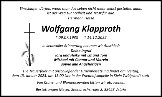 Traueranzeige von Wolfgang Klapproth von Wolfsburger Nachrichten