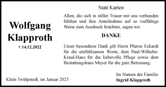 Traueranzeige von Wolfgang Klapproth von Wolfsburger Nachrichten
