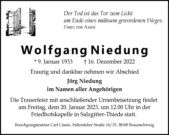Traueranzeige von Wolfgang Niedung von Braunschweiger Zeitung