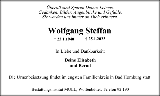 Traueranzeige von Wolfgang Steffan von Wolfenbütteler Zeitung
