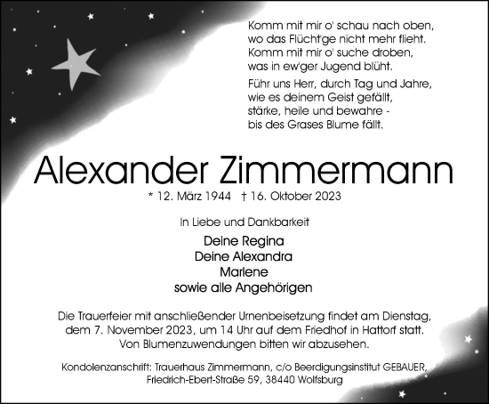 Traueranzeige von Alexander Zimmermann von Wolfsburger Nachrichten