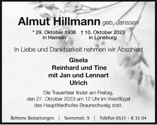 Traueranzeige von Almut Hillmann von Braunschweiger Zeitung