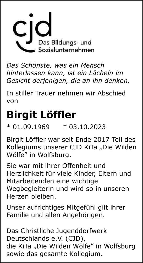  Traueranzeige für Birgit Löffler vom 13.10.2023 aus Wolfsburger Nachrichten