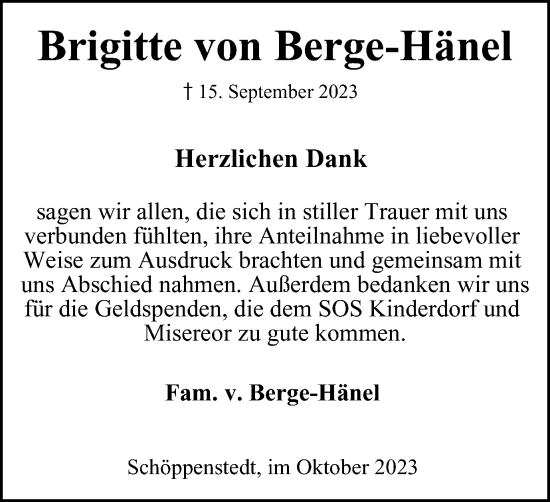 Traueranzeige von Brigitte von Berge-Hänel von Wolfenbütteler Zeitung
