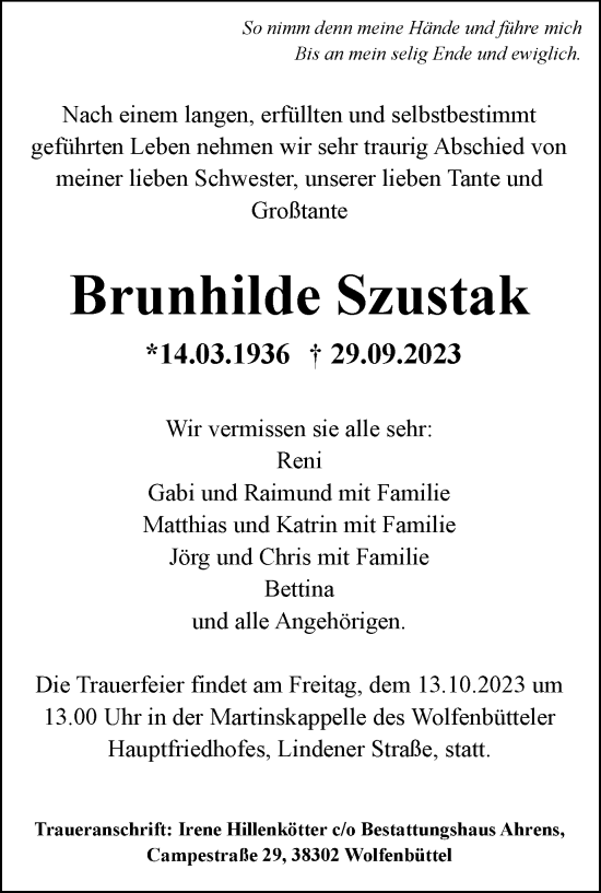 Traueranzeige von Brunhilde Szustak von Wolfenbütteler Zeitung