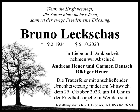 Traueranzeige von Bruno Leckschas von Braunschweiger Zeitung