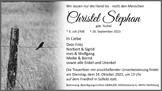 Traueranzeige von Christel Stephan von Wolfsburger Nachrichten