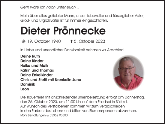 Traueranzeige von Dieter Prönnecke von Wolfsburger Nachrichten