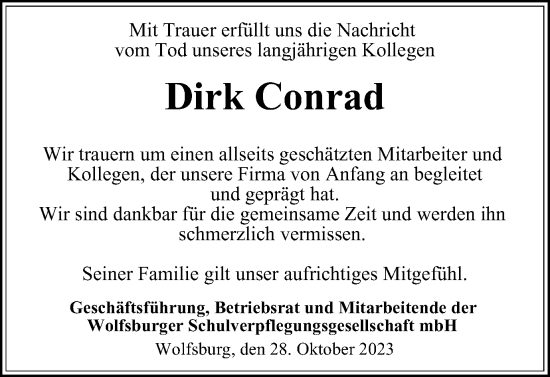 Traueranzeige von Dirk Conrad von Wolfsburger Nachrichten
