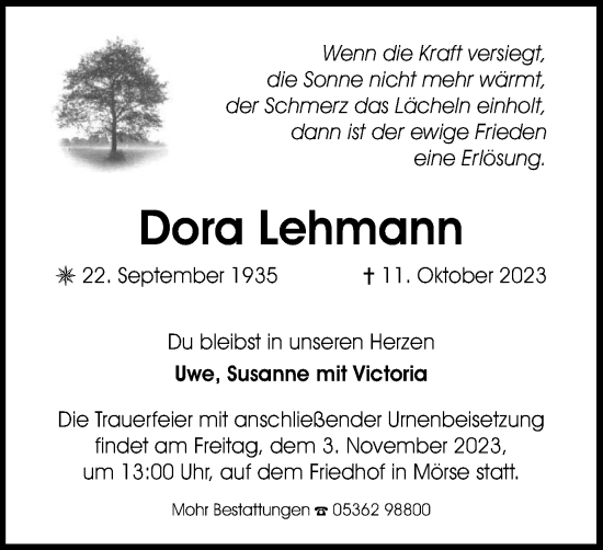 Traueranzeige von Dora Lehmann von Wolfsburger Nachrichten
