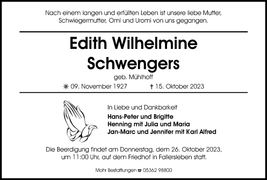 Traueranzeige von Edith Wilhelmine Schwengers von Wolfsburger Nachrichten