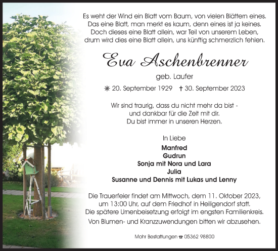 Traueranzeige von Eva Aschenbrenner von Wolfsburger Nachrichten