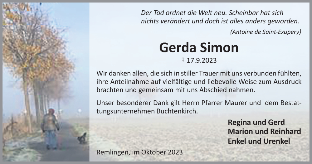  Traueranzeige für Gerda Simon vom 14.10.2023 aus Wolfenbütteler Zeitung