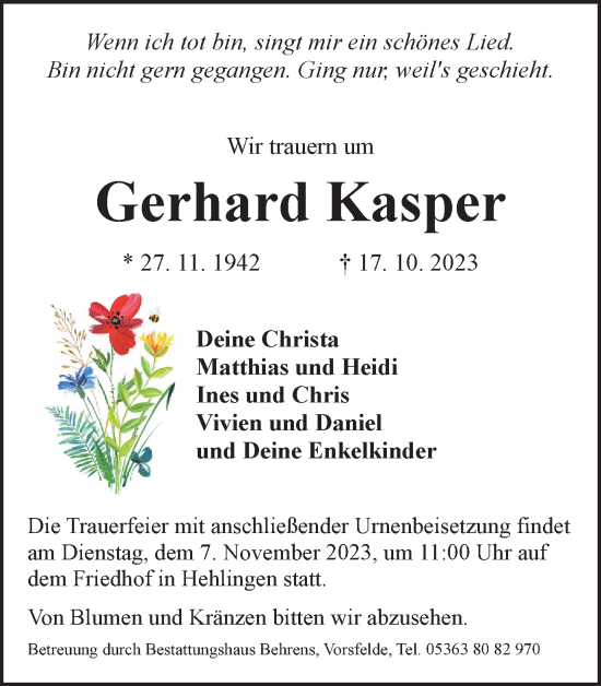 Traueranzeige von Gerhard Kasper von Wolfsburger Nachrichten