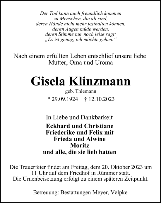 Traueranzeige von Gisela Klinzmann von Helmstedter Nachrichten