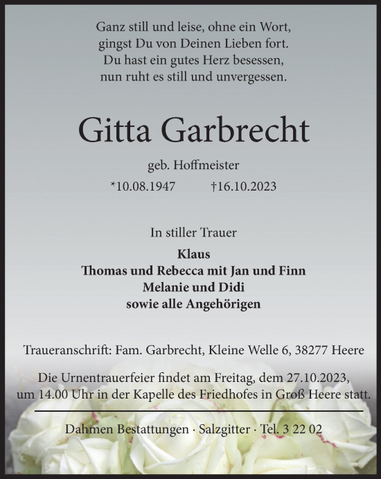Traueranzeige von Gitta Garbrecht von Salzgitter-Zeitung
