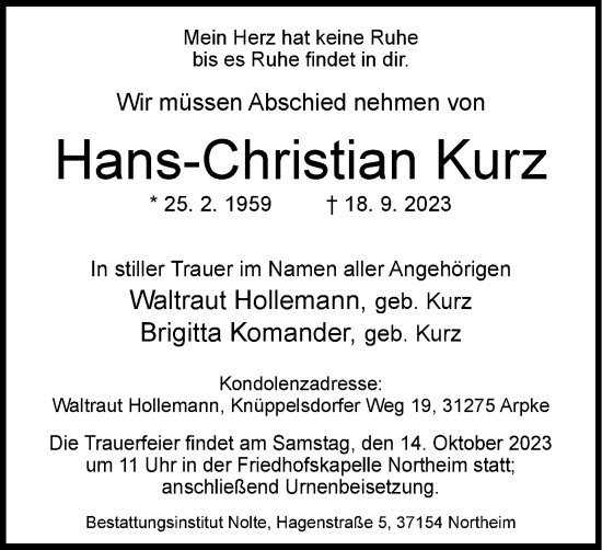 Traueranzeige von Hans-Christian Kurz von Wolfsburger Nachrichten