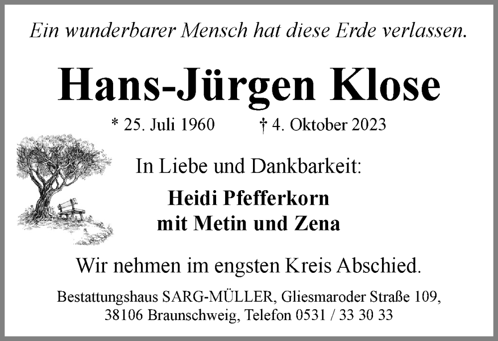  Traueranzeige für Hans-Jürgen Klose vom 07.10.2023 aus Braunschweiger Zeitung