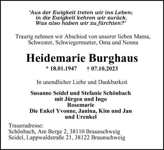 Traueranzeige von Heidemarie Burghaus von Braunschweiger Zeitung