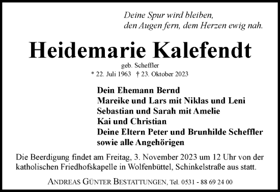 Traueranzeige von Heidemarie Kalefendt von Braunschweiger Zeitung