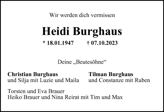 Traueranzeige von Heidi Burghaus von Braunschweiger Zeitung