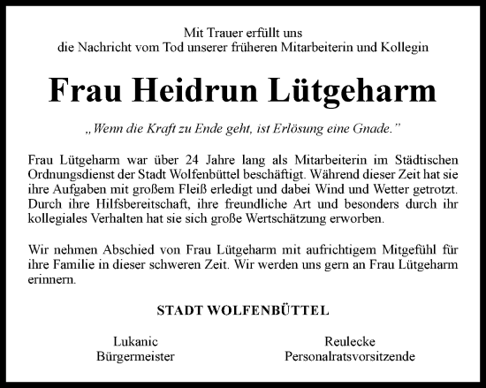 Traueranzeige von Heidrun Lütgeharm von Wolfenbütteler Zeitung