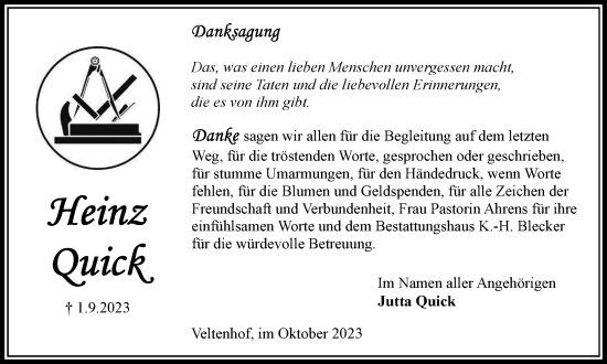 Traueranzeige von Heinz Quick von Braunschweiger Zeitung