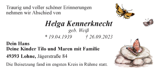 Traueranzeige von Helga Kennerknecht von Braunschweiger Zeitung