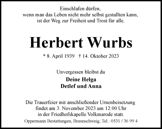 Traueranzeige von Herbert Wurbs von Braunschweiger Zeitung