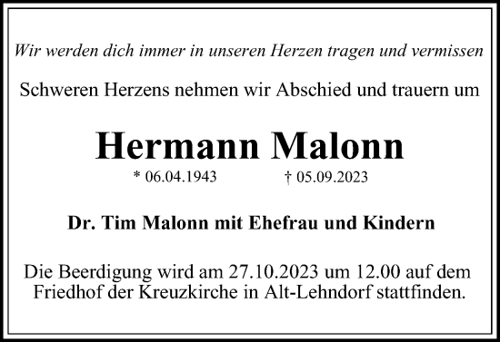 Traueranzeige von Hermann Malonn von Braunschweiger Zeitung