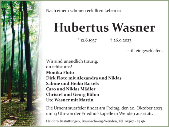 Traueranzeige von Hubertus Wasner von Braunschweiger Zeitung