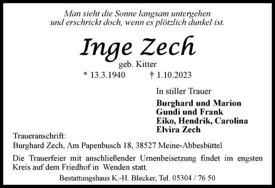 Traueranzeige von Inge Zech von Braunschweiger Zeitung