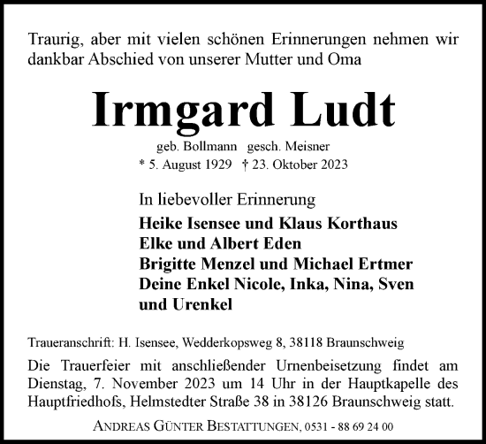 Traueranzeige von Irmgard Ludt von Braunschweiger Zeitung