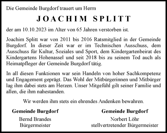Traueranzeige von Joachim Splitt von Salzgitter-Zeitung