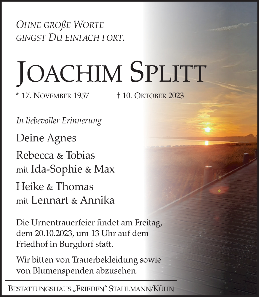  Traueranzeige für Joachim Splitt vom 14.10.2023 aus Salzgitter-Zeitung
