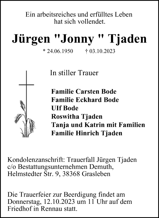 Traueranzeige von Jürgen Tjaden von Helmstedter Nachrichten