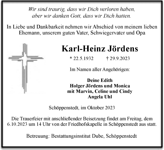 Traueranzeige von Karl-Heinz Jördens von Wolfenbütteler Zeitung