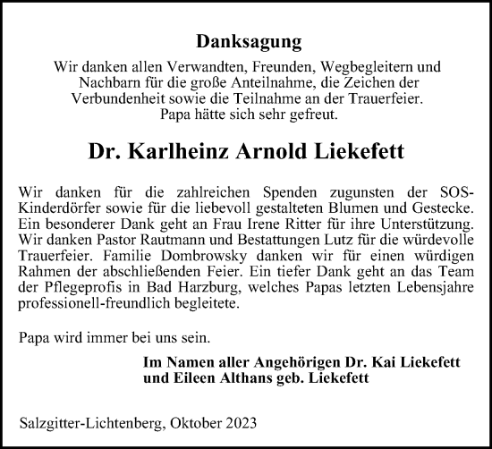 Traueranzeige von Karlheinz Arnold Liekefett von Braunschweiger Zeitung, Salzgitter-Zeitung