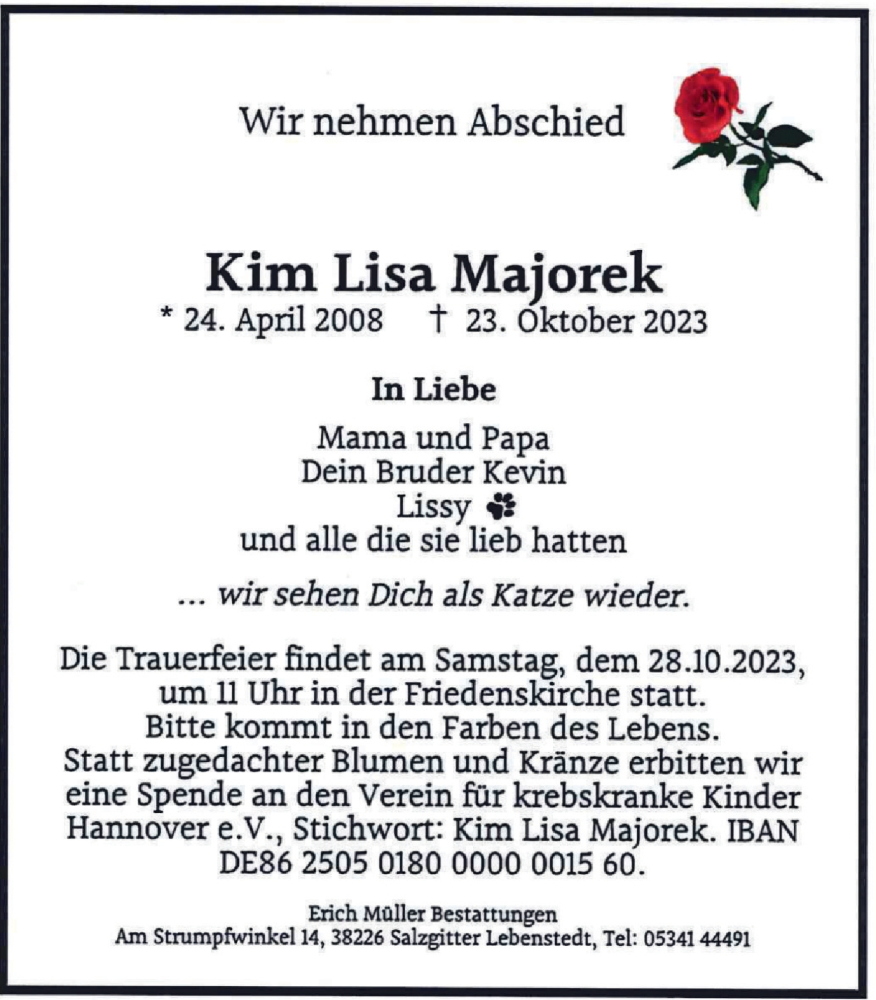  Traueranzeige für Kim Lisa Majorek vom 26.10.2023 aus Salzgitter-Zeitung