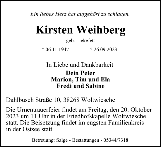 Traueranzeige von Kirsten Weihberg von Braunschweiger Zeitung