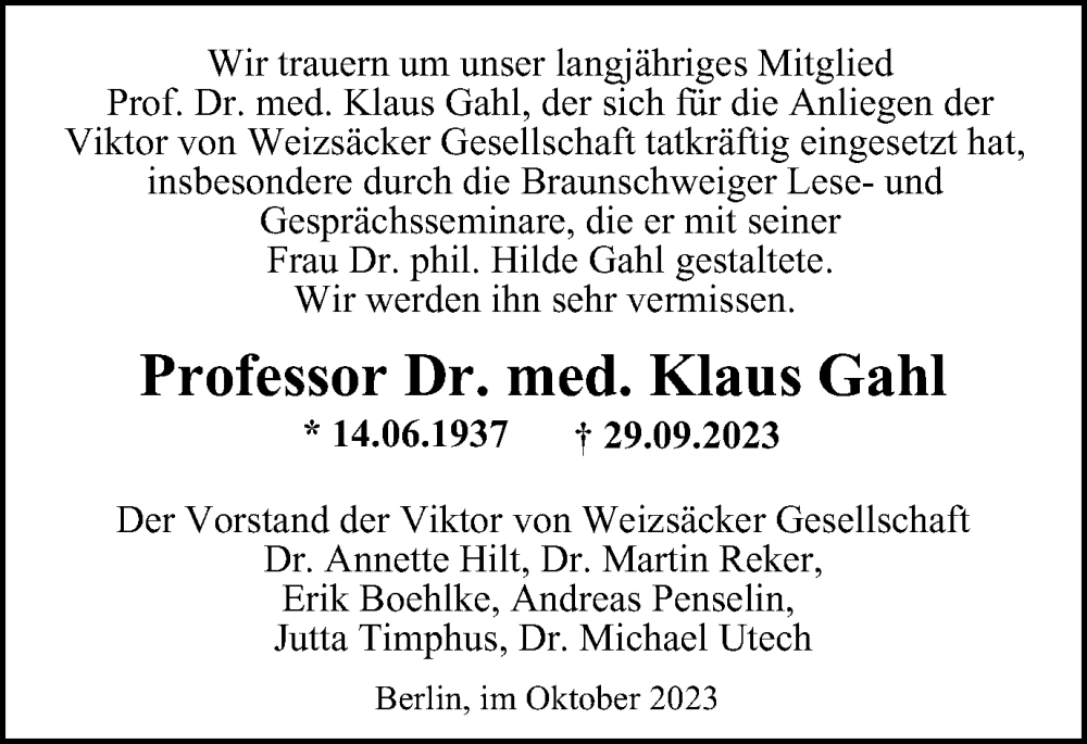  Traueranzeige für Klaus Gahl vom 13.10.2023 aus Braunschweiger Zeitung