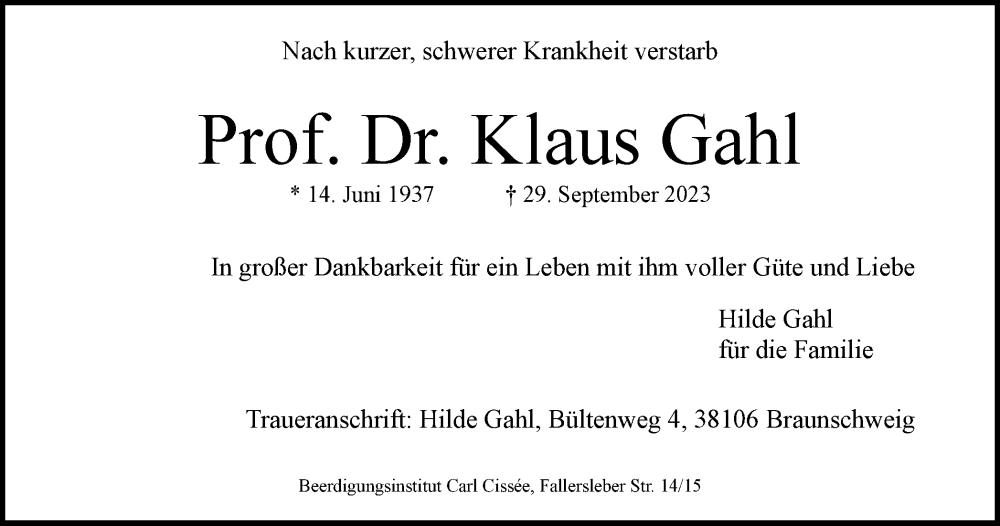  Traueranzeige für Klaus Gahl vom 07.10.2023 aus Braunschweiger Zeitung