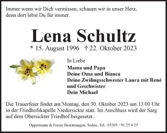 Traueranzeige von Lena Schultz von Wolfenbütteler Zeitung