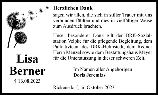 Traueranzeige von Lisa Berner von Helmstedter Nachrichten