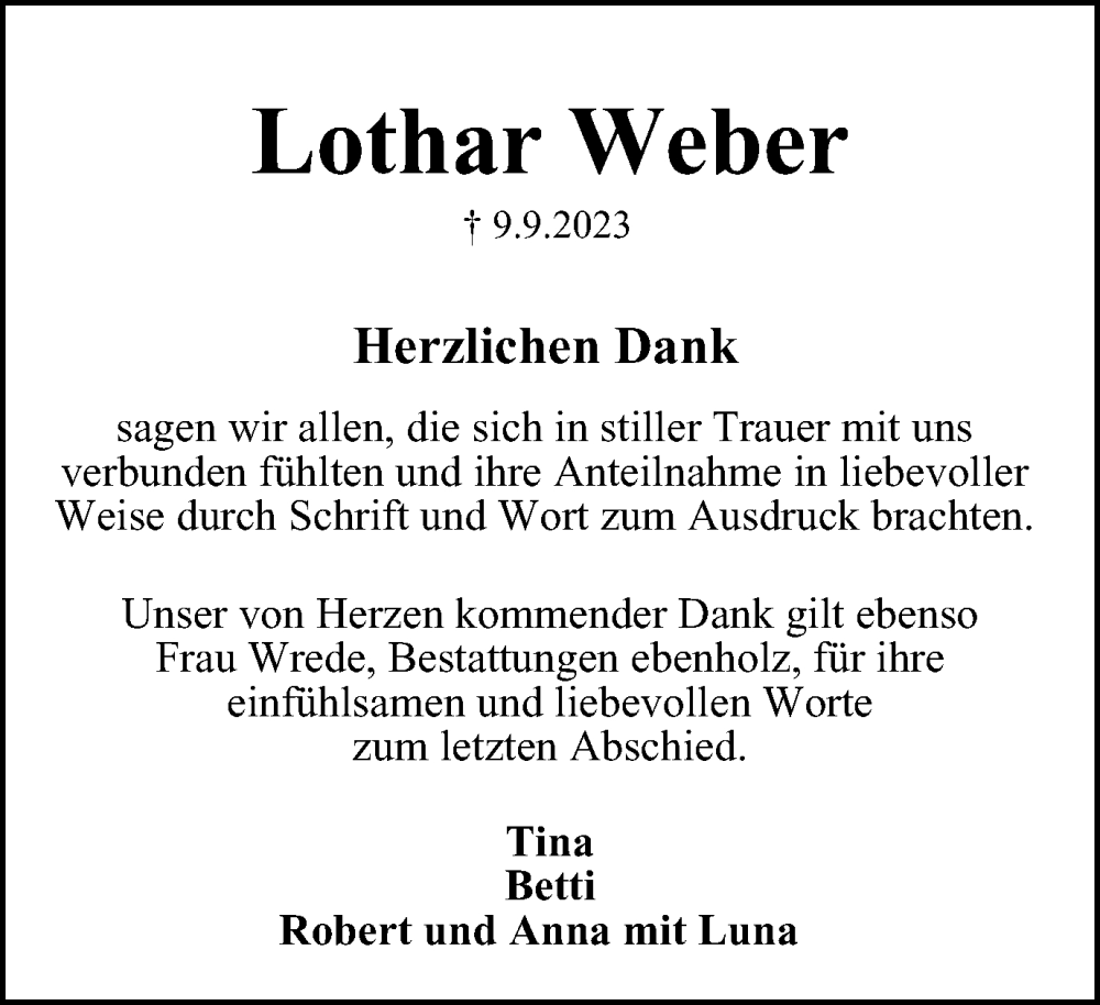  Traueranzeige für Lothar Weber vom 14.10.2023 aus Wolfenbütteler Zeitung